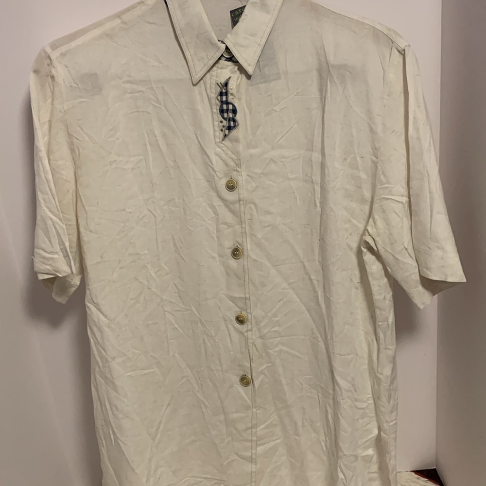 MONA LISA CREAM COLORED WITH BLUE CHECK BUTTON DOWN BLOUSE SHORT SLEEVE